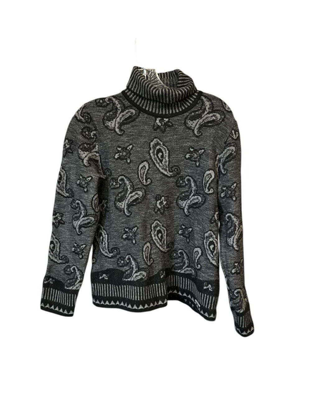 Geiger pure new wool turtleneck sweater women 40(M) black gray paisley Austria